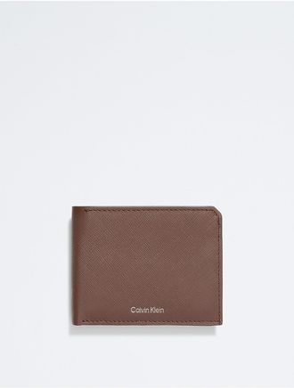 Calvin Klein Mens Saffiano Leather Card Case Bifold Wallet - Brown