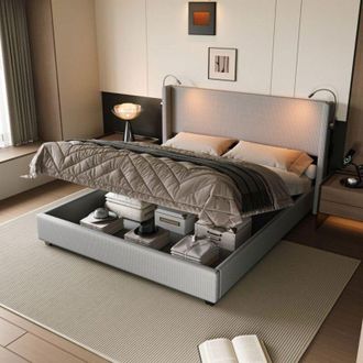 OEM Cama Doble 140x200 Cama Caja Hidr&aacute;ulica Con L&aacute;mparas De Noche Integradas Y Almacenamiento - Cabezal De Terciopelo Gris Moderno