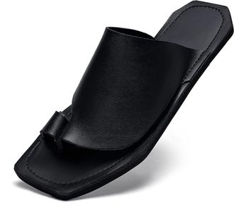 Generic Mens Fashion Flip Flops Genuine Leather Thong Sandals Casual Comfort Slides Slippers (Black,11.5)