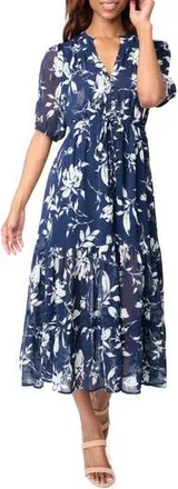 Gibsonlook Kira Drawstring Maxi Dress in Navy/white Flower Print at Nordstrom Rack, Size Xx-Small