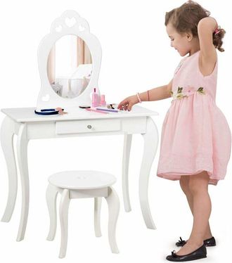 Costway Costway - Set Toeletta e Sedia per Bambine - Specchio e Cassetto, Toletta Trucco 2 in 1 con Superficie Smontabile, 70 x 34 x 105 cm, Bianco