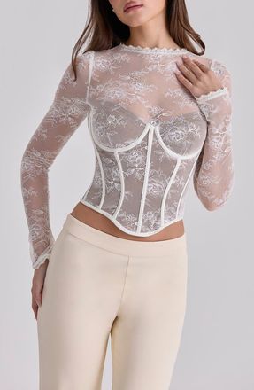 House of CB Zoe Long Sleeve Lace Crop Corset Top in Vintage Ivory at Nordstrom, Size X-Small A