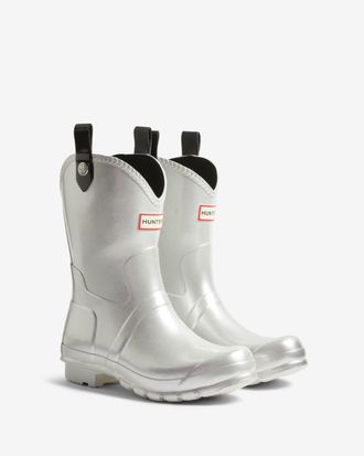 Hunter Womens Logo Detail Cowboy Boot Wellies in Silver Rubber - Size UK 7