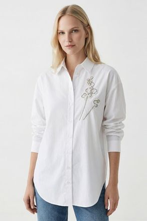 Exquise Bernetta Shirt Collar Long Sleeve Embroidered Shirt in White at Nordstrom, Size X-Large