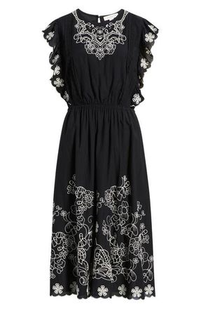 Treasure & Bond Floral Embroidered Flutter Sleeve Midi Dress in Black at Nordstrom, Size Xx-Large