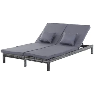 OUTSUNNY 2 Person Rattan Lounger Adjustable Double Chaise Chair w/ Cushion Grey | TJ Hughes