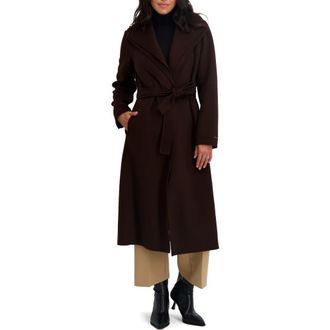 Elie Tahari Elliot Tie Waist Wool Blend Coat in Chocolate at Nordstrom Rack, Size Medium