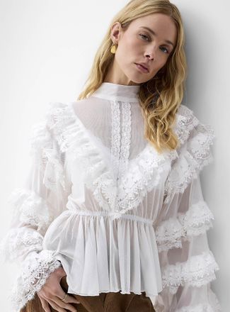 Icone Womens White lace-ruffle micromesh blouse