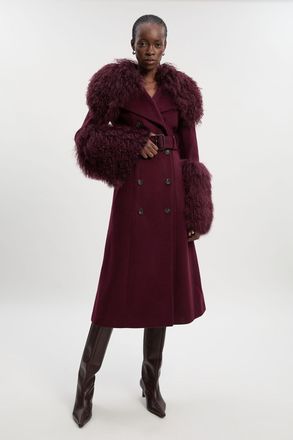 Karen Millen Womens Brushed Wool & Shearling Tailored Double Breasted Belted Midi Coat - Burgundy - Size 14 UK