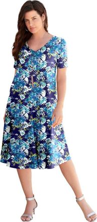 Roaman's Plus Size Short Sleeve Sleeve Swing Dress in Navy Watercolor Bouquet at Nordstrom, Size 36P