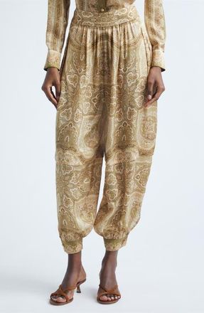 Zimmermann Kindred Spirit Luna Silk Satin Harem Pants in Olive Perla Paisley at Nordstrom, Size 0P