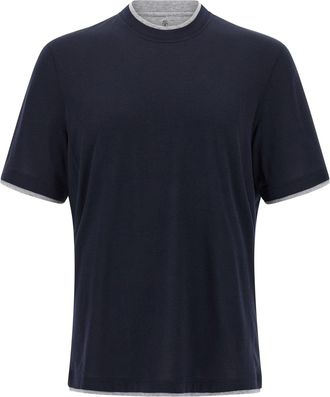 Brunello Cucinelli Double Layer T Shirt Blu-Uomo