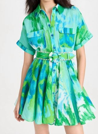 Hemant & Nandita Short Dress With Buckle Belt With Collar In Blue Green