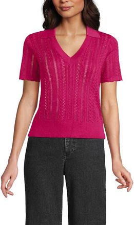 Lands End Fine Gauge Cotton Pointelle Polo Sweater in Hot Pink at Nordstrom, Size X-Large