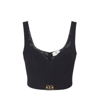 Elisabetta Franchi Sleeveless Tops, female, Black, Size: XL Black Sweetheart Neckline Top with Logo Details