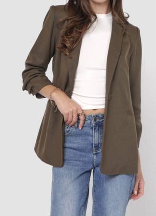 Sadie & Sage Backyard Ruched Sleeve Linen Blazer In Olive Green