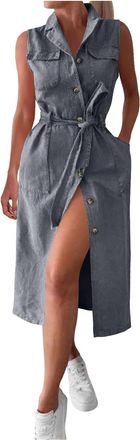 Generic Sleeveless Denim Belted Dress for Women UK, Casual Slim-Fit Button V-Neck Midi Dresses with Collar & Pockets, Summer Blue Jean Shirt Dresses Ladies Co