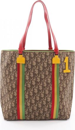 Dior Beige Brown Multi-Color Pvc Coated Canvas Leather Handbag Tote Bag (Pre-Owned)