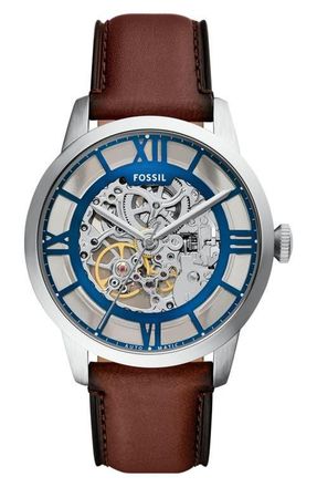 Fossil Townsman Automatic Leather Strap Watch, 44mm in Brown at Nordstrom