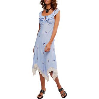Free People Flock Together Floral Handkerchief Hem Midi Dress in Poplin Blue Combo at Nordstrom, Size X-Small
