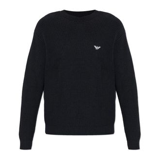 Emporio Armani Round-neck Knitwear, male, Blue, Size: XL Sweater with logo patch