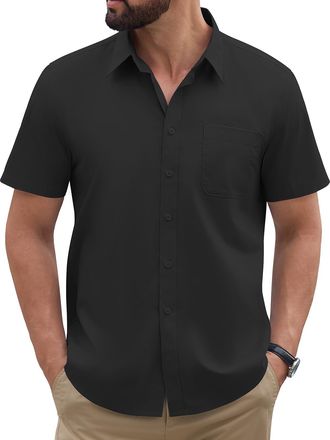 Heekpek TOMEEK Mens Short Sleeve Shirts Casual Regular Fit Dress Shirt Summer Business Work Formal Button Down Shirt Plain(Black,XL)