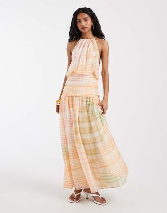 Asos Vestito lungo allacciato al collo in chiffon a quadri con vita a palloncino-Multi