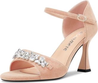 Castamere Women Mid Heel Open Toe Ankle Strap Rhinestone Crystal Sandals Wedding Prom 8.5 CM Heels Beige Suede 6 UK