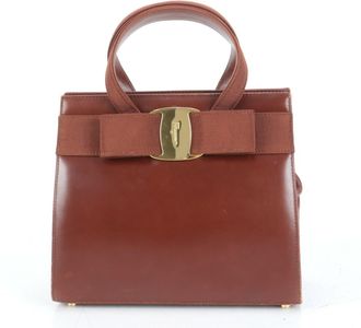 Ferragamo Vara Bow Chain Evening Bag Patent Brown Leather Bag (Pre-Owned)