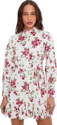 CeCe by Cynthia Steffe Collared Button Down Long Sleeve Ruffle Mini Dress Womens Dress Egret : 12, Cotton/Spandex