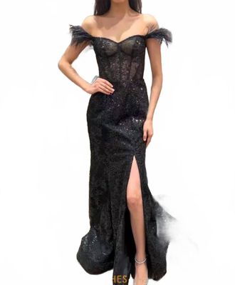 Sherri Hill Fitted Lace Gown With Off The Shoulder In Black