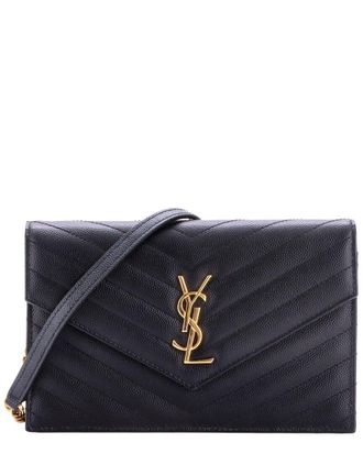 Saint Laurent Black Matelasse Chevron Leather Classic Monogram Wallet On Chain Small (Authentic Pre-Loved)