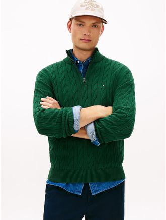 Tommy Hilfiger Mens Cable Knit Quarter-Zip Sweater - Green - XS