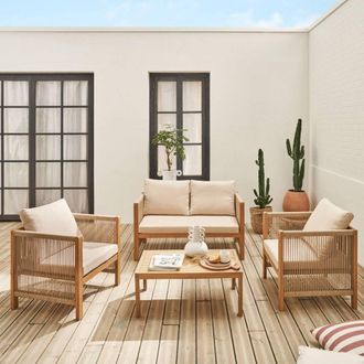 Sweeek 4-seater Acacia Wood & Rope Garden Sofa Set in Beige