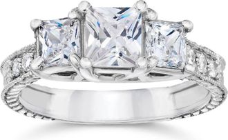 Pompeii3 2ct Vintage Three Stone Princess Cut Diamond Engagement Ring 14K White Gold Size Selectable