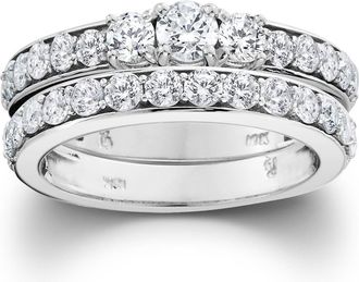 Pompeii3 2 1/6ct 3-Stone Diamond Engagement Wedding Ring Set 10K White Gold