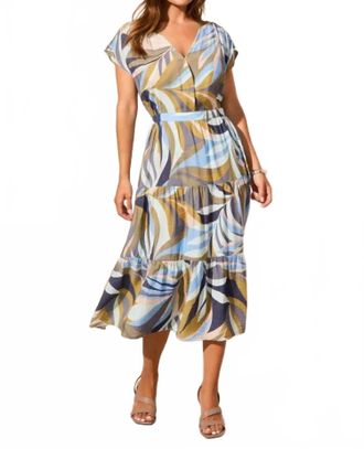 Tribal Short Sleeve V Neck Tiered Dress In Loden