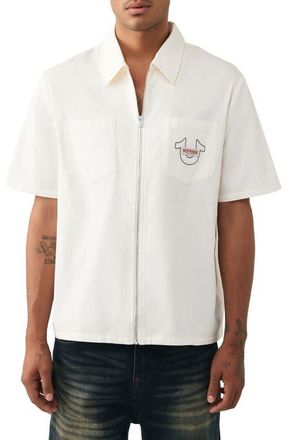 True Religion Buddha Graphic Short Sleeve Zip-Up Shirt in Winter White at Nordstrom, Size Xxx-Large