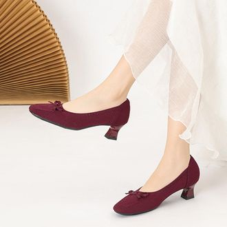 Generic Wine Womens Bow Knitted Toe High Heels with Thick Heel Design Shallow Mouth for Winter and Summer Outfits and Elegant Look