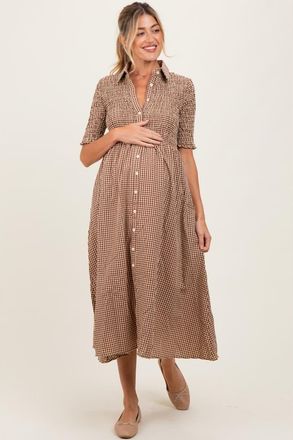 Pinkblush Gingham Smocked Button Down Midi Dress in Mocha at Nordstrom, Size X-Large