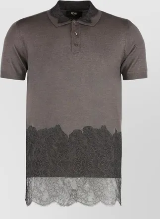 Fendi cashmere silk lace appliqu&eacute; short-sleeve polo shirt