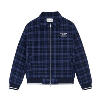 Dr&ocirc;le de Monsieur Check Flannel Slogan Jacket - Heren - Bomber jackets - Blauw - L - Wol - Jassen