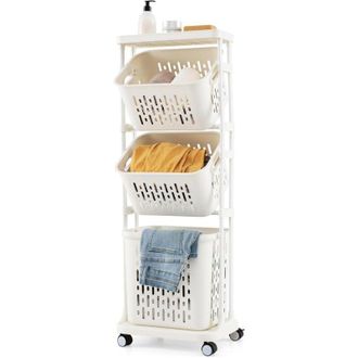 Costway Carrello per Lavanderia a 3 Ripiani, Organizzatore per Bucato con 4 Ruote Girevoli e 3 Cestini, Carrello Sottile Multiuso per Bagno Lavanderia, 40 x