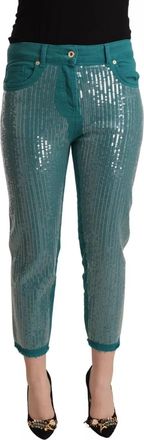 Blumarine Cadet Blue Sequined Low Waist Cropped Trouser Womens Pants (Pre-Owned)