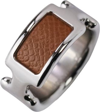 Herm&egrave;s Silver Brown Leather Metal Band Ring (Pre-Owned)