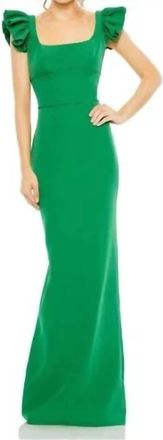 Mac Duggal Ruffle Cap Sleeve Open Back Column Gown Dress In Green