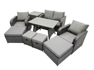 Fimous 8 Seater Rattan Sofa Oblong Dining Table with 2 Big Stool Side Table in Dark Grey