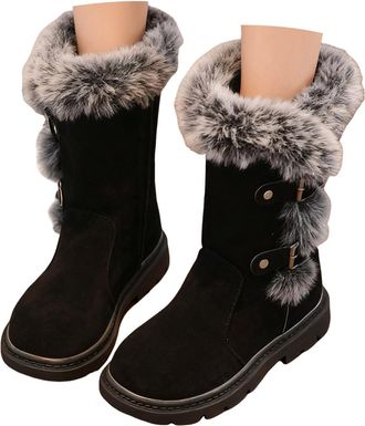 Generic Toddler Snow Boots Girls Black Boots Fluffy Boot Girls Winter Ankle Boot Warm Faux Fur Lined Short Snow Booties for Kids Slip-On Non-Slip Sole Casual 