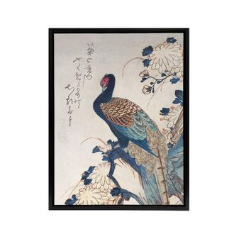 Artery8 Pheasant & Chrysanthemums Framed Canvas Wall Art Print Hiroshige in Blue | Size: W24 x H32
