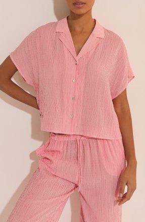 Etam Oselia Stripe Short Sleeve Chemise Button-Up Pajama Shirt in Imp Fond Rose at Nordstrom, Size X-Small